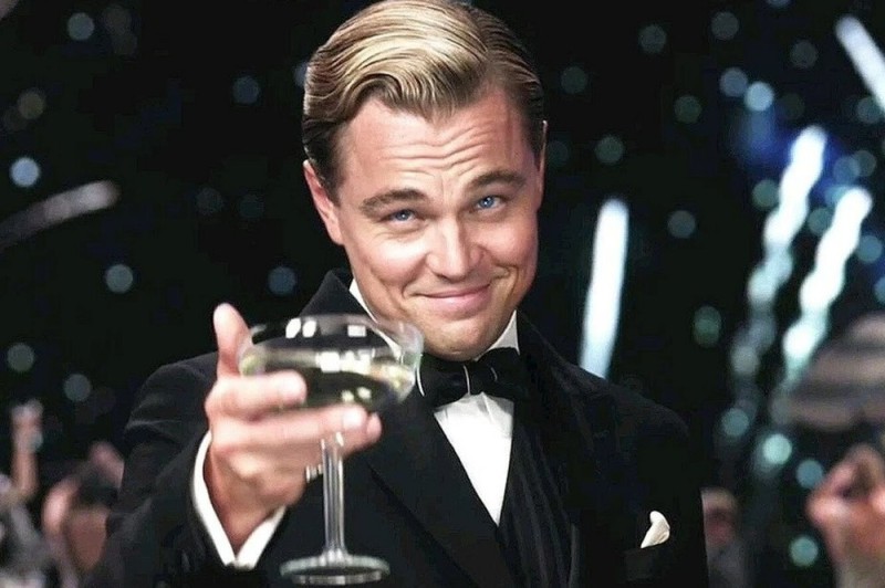 Create meme: Leonardo DiCaprio the great Gatsby, Leonardo DiCaprio Gatsby, Leonardo DiCaprio with a glass of