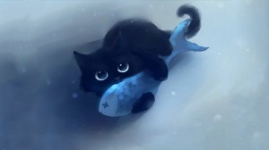 Создать мем: обои котики арт, аниме кот с рыбкой, фото аниме котики