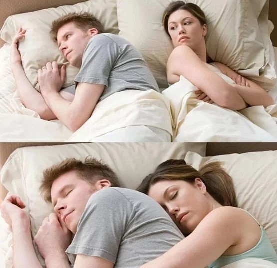 Create meme: spouses sleep together, husband and wife sleeping together, again women think about their meme