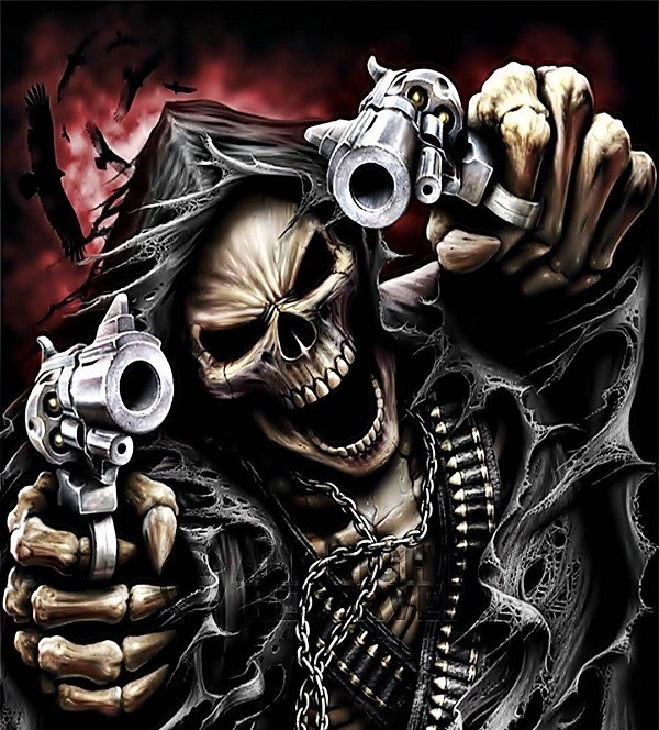 Create meme: skull with pistols, skeleton with a gun, cool skeleton with a gun