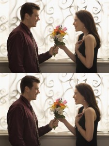 Create meme: nice man, a woman will win the men's, a man gives flowers to a woman photos