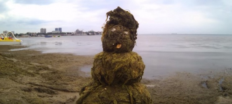 Создать мем: скульптура, на пляже в анапе, снеговик из грязи
