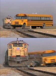 Создать мем: поезд сбивает школьный автобус мем, автобус американский, поезд таранит школьный автобус мем