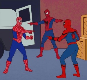Создать мем: человеки пауки указывают друг на друга, 2 человека паука мем, три человека паука мем