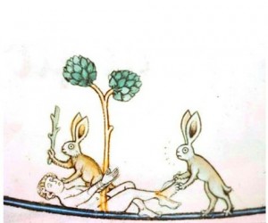 Создать мем: средневековые маргиналии зайцы, кролик средневековье, заяц средневековье