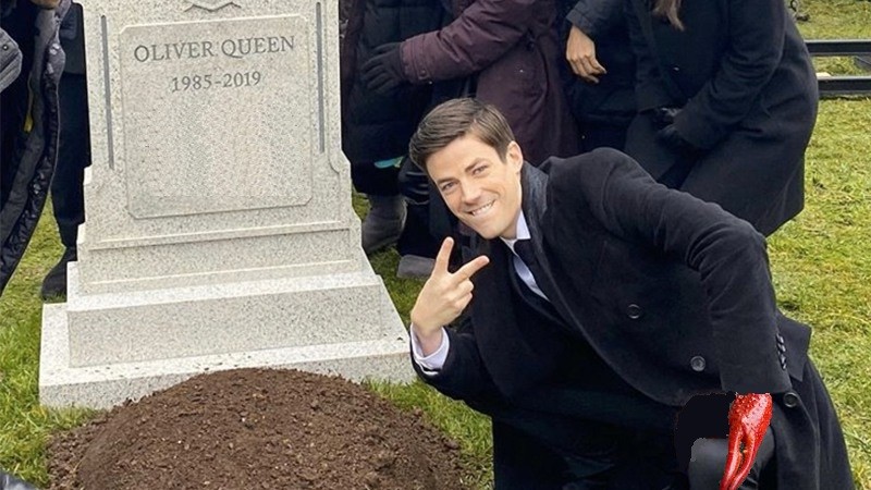 Create meme: f to pay respect, grave memorial, Grant Gustin at the grave