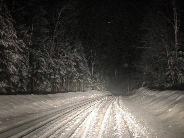 Create meme: night winter road, winter road in the forest, winter road