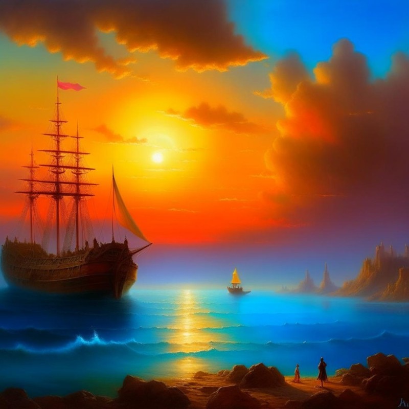 Создать мем: корабль картина, картина закат на море, морской пейзаж