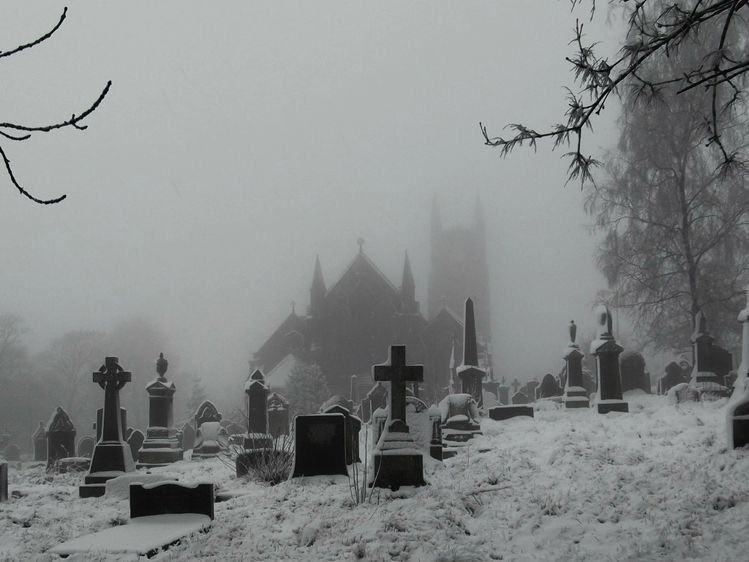 Create meme: the cemetery is gloomy red, cemetery , transylvania cemetery snow