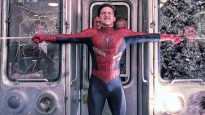 Create meme: Tobey Maguire spider-man train, spider-man stops the train, spider-man