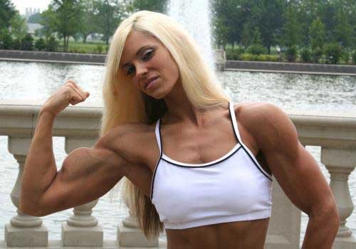 Create meme: a girl with inflated arms, female muscles, bitsuha blonde