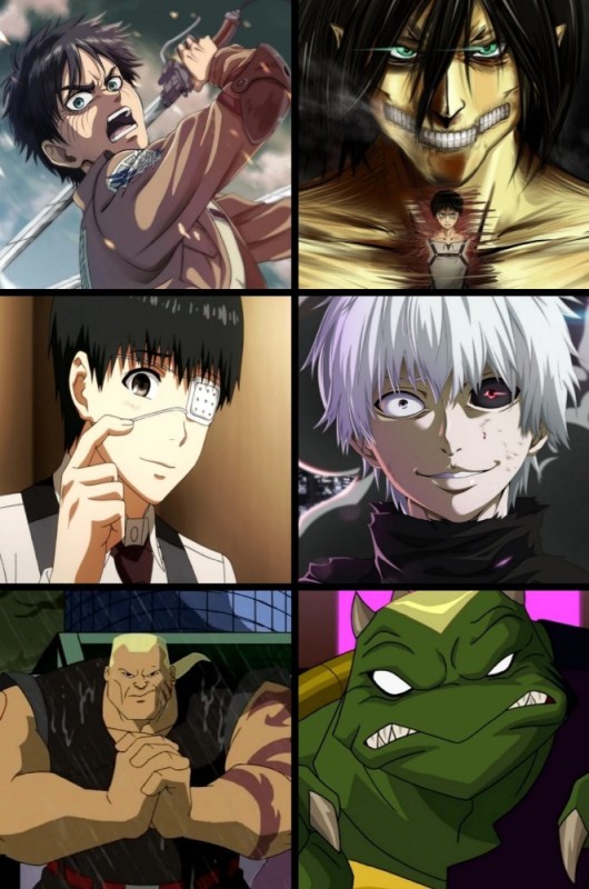 Создать мем: аниме персонажи, канеки и эрен, титаны аниме