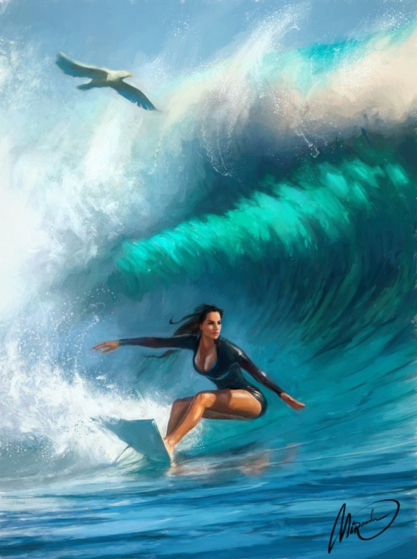 Создать мем: серфер на волне, девушка серфер, картина серфинг