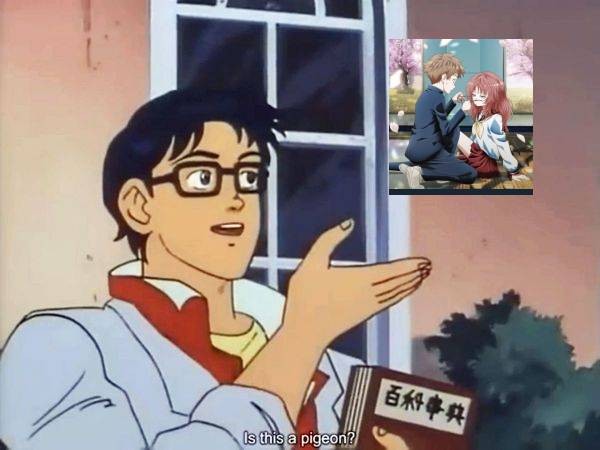 Создать мем: парень с бабочкой мем, is this a pigeon аниме, бабочка мем
