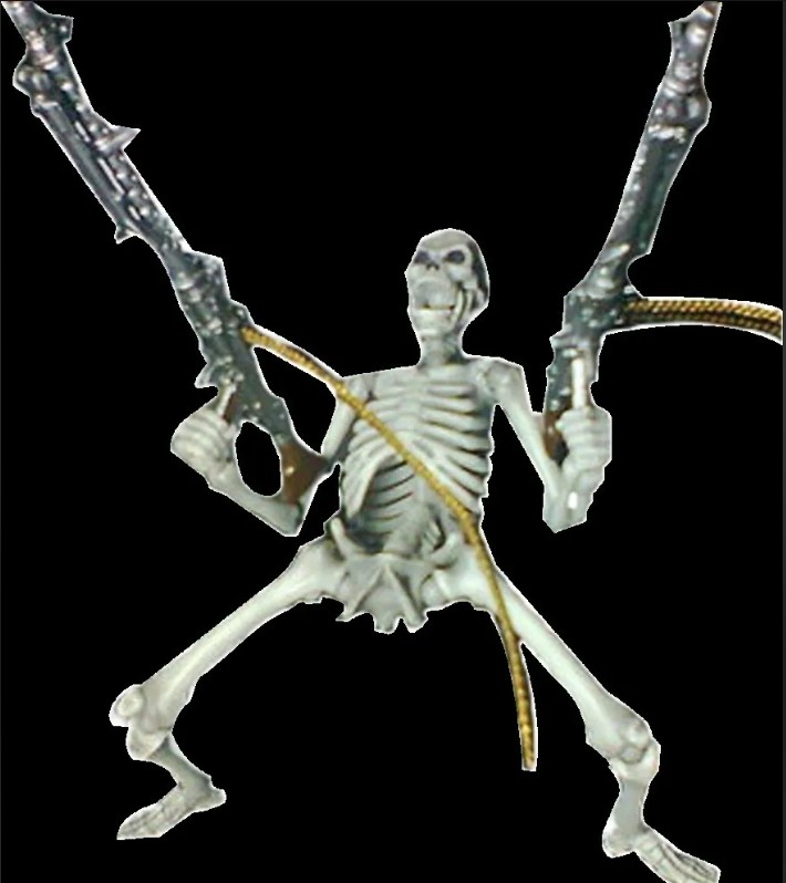 Создать мем: скелет с метлой, скелет с автоматом, фигурка скелета