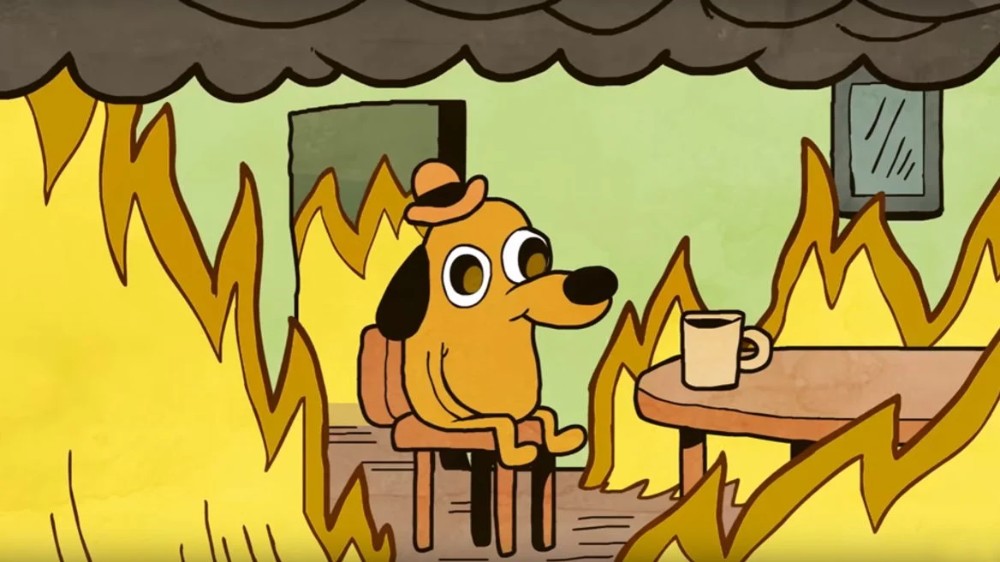 Create meme: dog in the burning house, a meme with a dog on fire, meme of a dog in a burning house