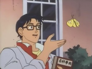 Create meme: meme with butterfly anime, frame from the movie, this pigeon meme anime