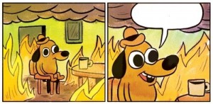 Create meme: yellow dog meme, dog in the burning house everything is fine, dog in heat meme