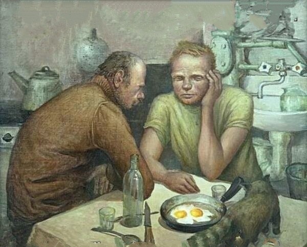 Create meme: artist , a painting of a drunkard at a table, the artist Leonid Baranov lived