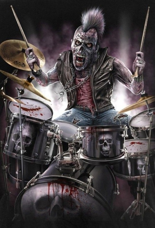 Create meme: zombie-style t-shirt, skeleton drummer, drummer art