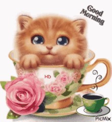 Создать мем: прикольные открытки с добрым утром, стикеры с добрым утром, котенок в чашке