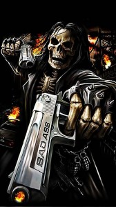 Создать мем: череп с пистолетами, крутой скелет с пистолетом, скелет с оружием