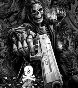 Create meme: infinix hot 30, skeleton with a gun, chicano skull