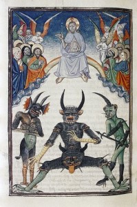 Create meme: Christ in power to judge Lucifer oxford. bodleian library, ms. douce 134 fol. 67v., hell, renaissance art