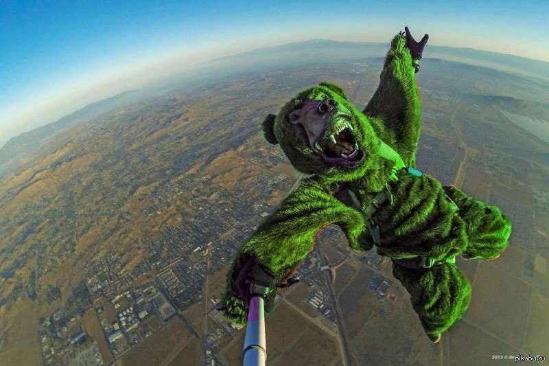 Create meme: funny parachutist, selfie with a bear, parachute jump