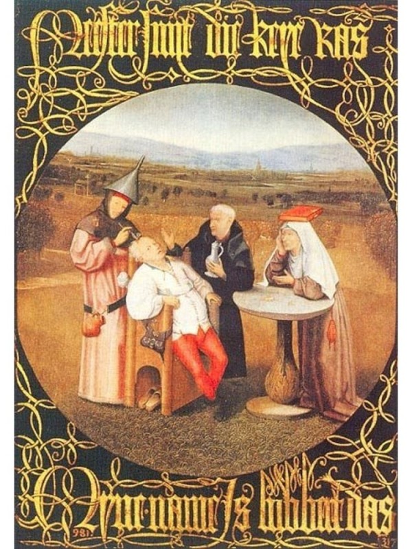 Create meme: Bosch the extraction of the stone of stupidity, Bosch extracting the stupidity stone painting, Hieronymus Bosch the extraction of the stone of stupidity