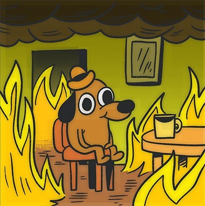 Create meme: a dog in a fire meme, dog in heat meme, a dog in a burning house