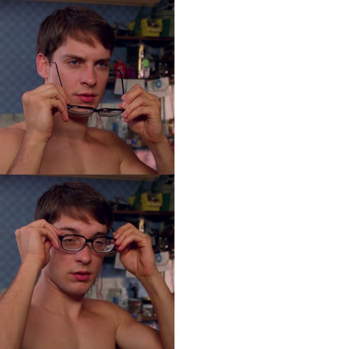 Создать мем: очки мем, питер паркер мем с очками, мем питер паркер одевает очки