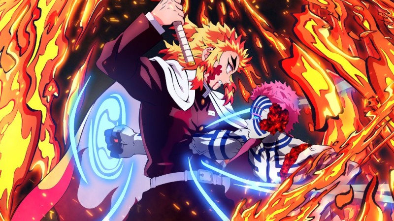 Create meme: rengoku anime, anime blade cutting the demons, rengoku blade cleaving demons