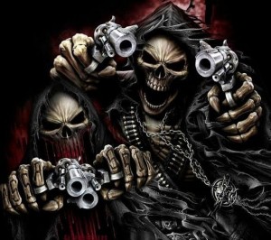 Create meme: skull, skull with guns, skeleton with a gun