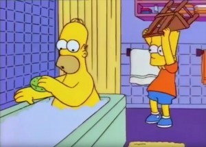Create meme: Homer and Bart meme, bart hits homer with a chair, bart hits homer with a chair meme