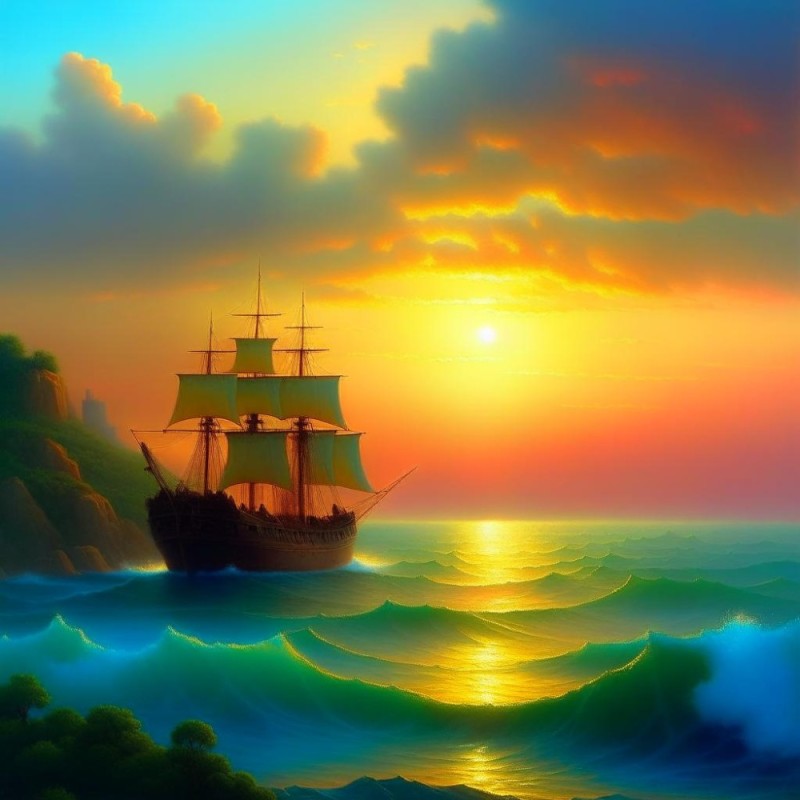 Create meme: ship , sunset painting, sea ship