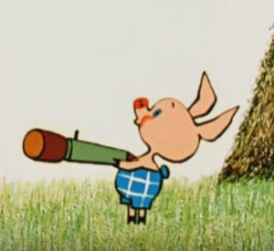 Create meme: Winnie the Pooh cartoon Piglet 1969, Piglet from Winnie the Pooh with a gun, Winnie the Pooh Piglet