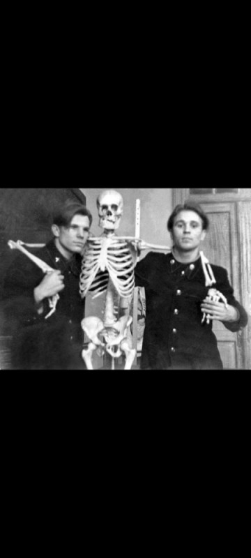 Create meme: Yuri Gagarin , skeleton , Gagarin in his youth with a skeleton