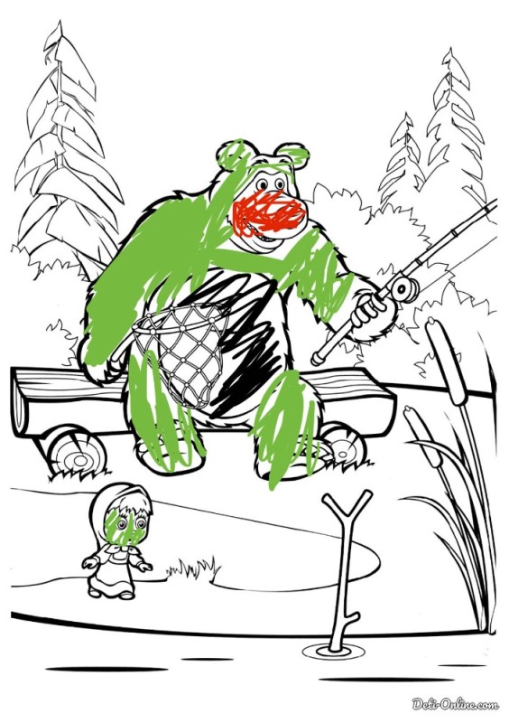 Создать мем: маша и медведь раскраска маша, раскраски медведь на рыбалке, рисунки разукрашки маша и медведь