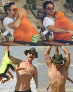 Create meme: fun, people, Robert Downey Jr. and Chris Hemsworth on the beach