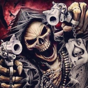 Create meme: skeleton with a gun, skull with guns, the skeleton is cool