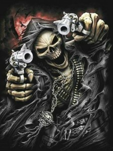 Создать мем: крутой скелет с пистолетом, череп с оружием, скелет с пистолетом