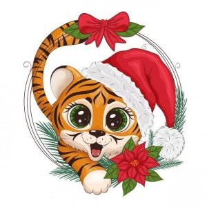 Создать мем: иллюстрация, тигренок иллюстрация, мультяшный тигр в новогодней шапке с рождественским венком