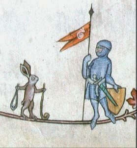 Создать мем: средневековые маргиналии рыцарь, заецъ страдающее средневековье, заец страдающее средневековье