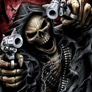 Create meme: skull fantasy, darkness, skeleton with a gun