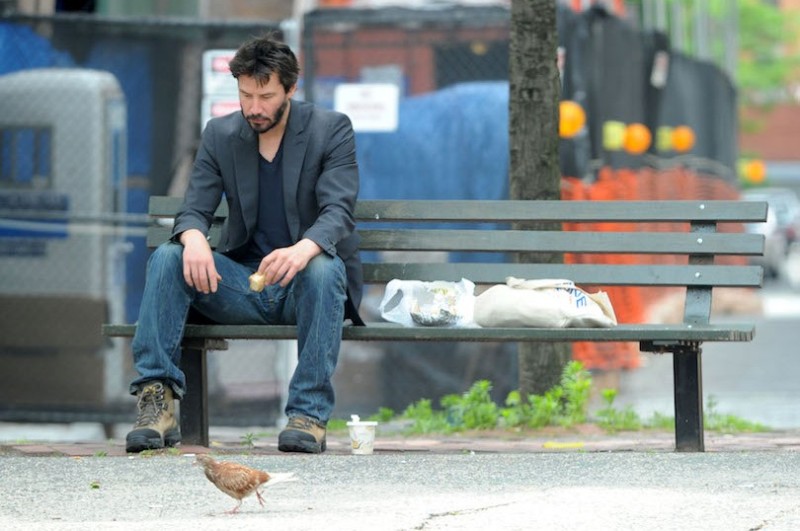 Create meme: Keanu Reeves on a bench, sad Keanu , actor Keanu Reeves 