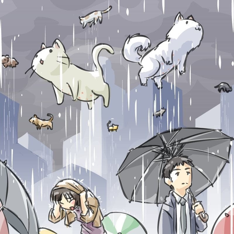 Создать мем: rain cats and dogs, иллюстрация кошка, дождь из животных
