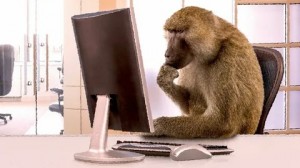 Создать мем: обезьяна за рабочим столом, обезьяна за компом, умная обезьяна