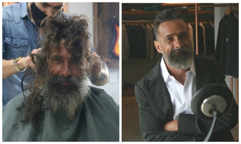 Создать мем: парикмахер который стрижет бесплатно бездомных, бомж до и после преображения, преображение бомжа