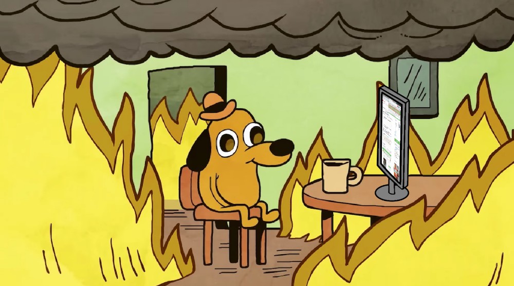 Create meme: meme dog on fire, a dog in a fire meme, a dog in a burning house